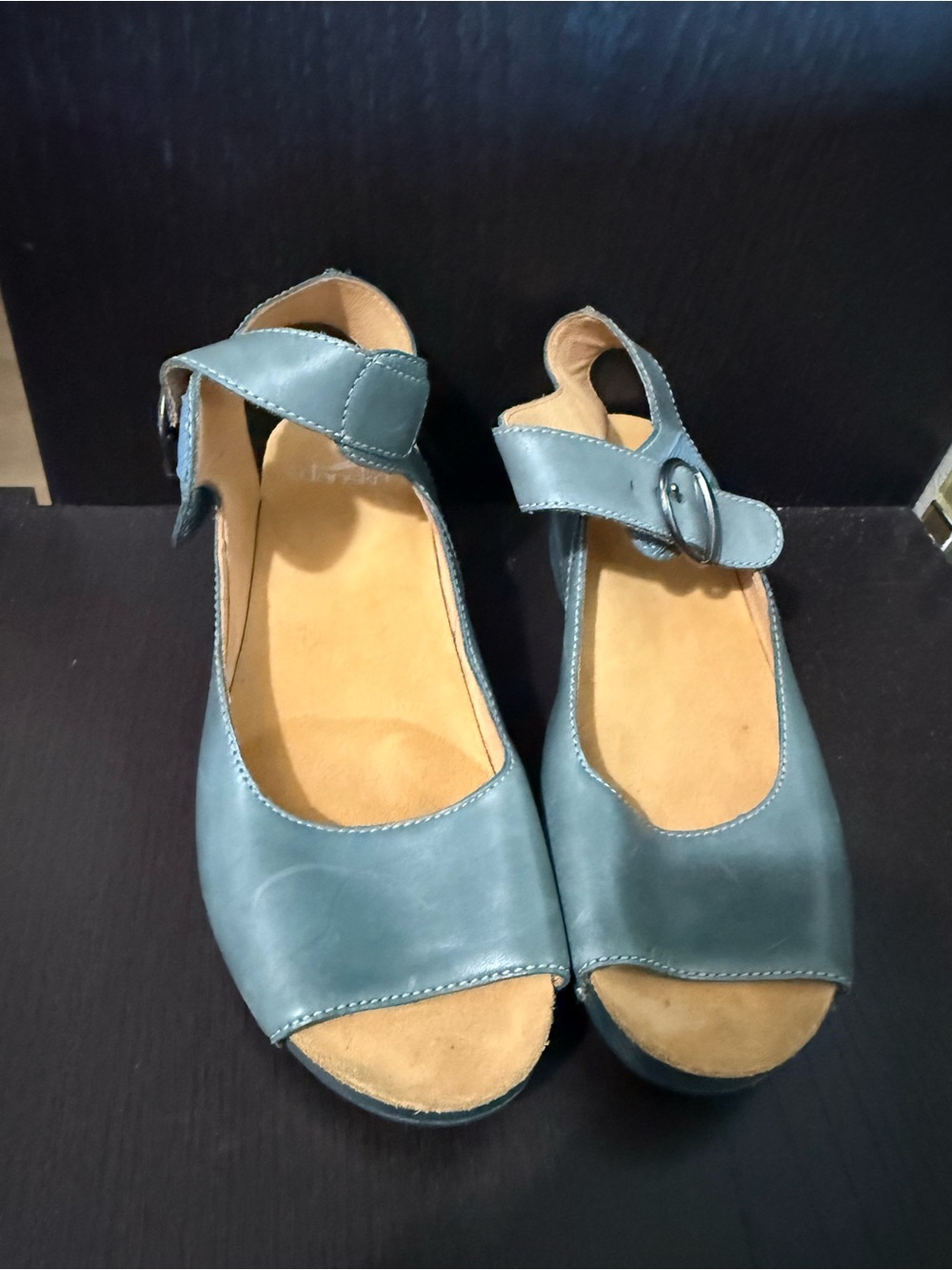 Dansko Teal Leather Mary Jane Peep-Toe Sandals